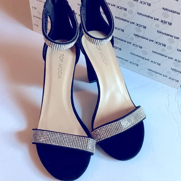 TOP MODA Rhinestone Crystal chunky black Heel Sz 8” - Picture 1 of 5